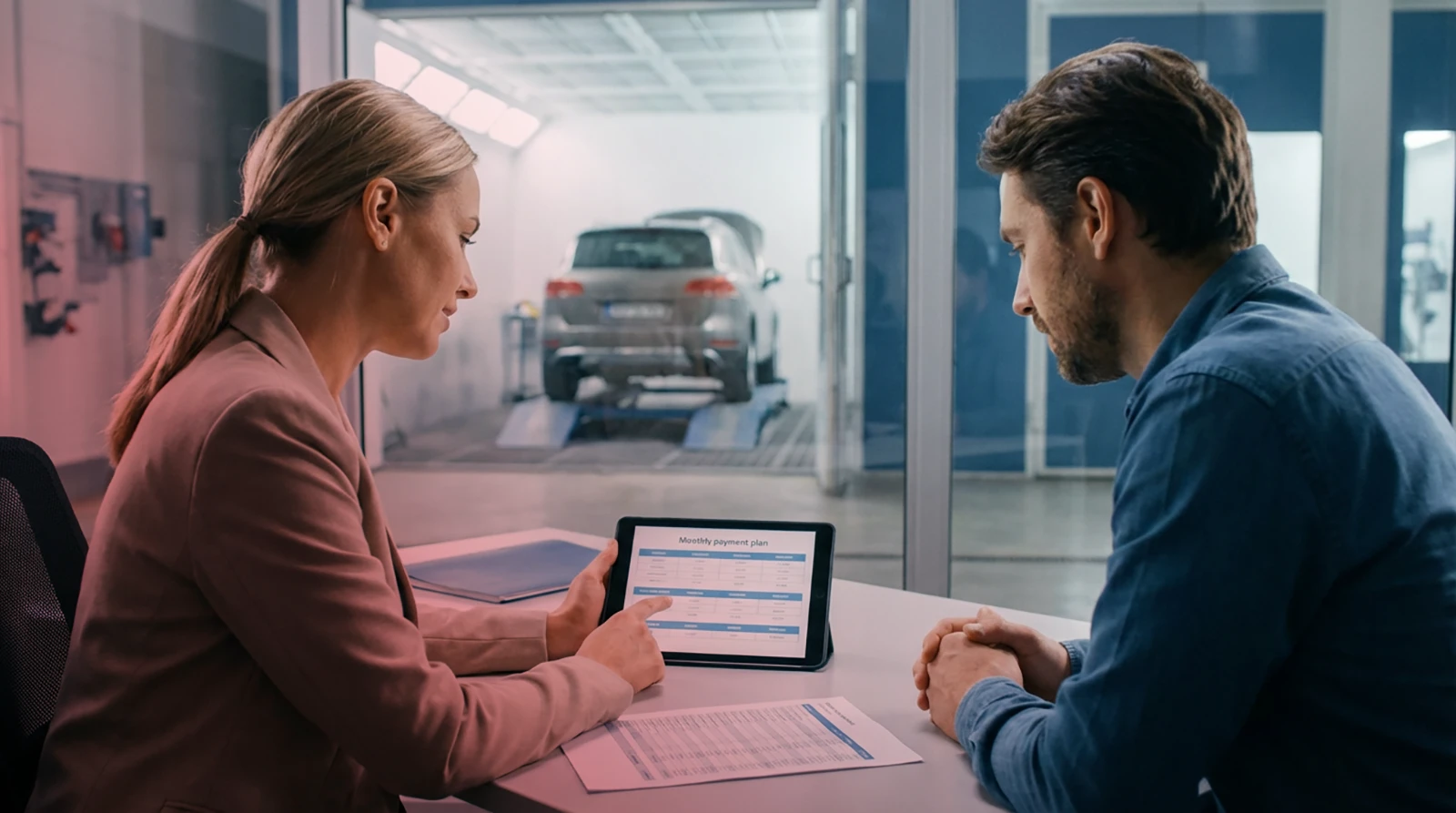 Beratung über eine mögliche Finanzierung im Kfz-Servicebüro.