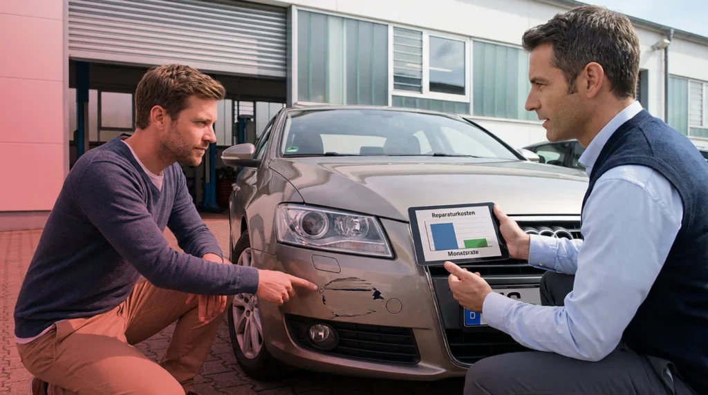 Kunde zeigt Lackschaden, Berater erklärt.