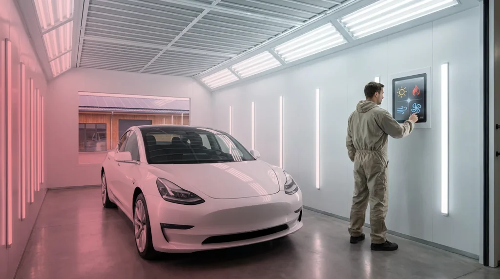 Moderne Lackierkabine mit Elektroauto.