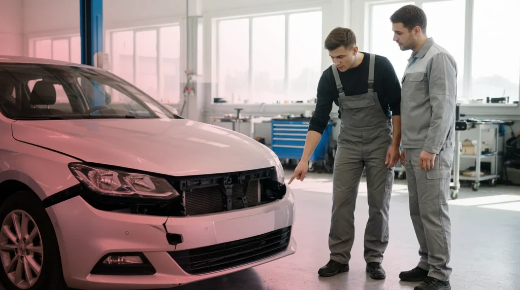 Zwei Mitarbeiter besprechen und begutachten einen Frontschaden an einem weißen Kundenfahrzeug.