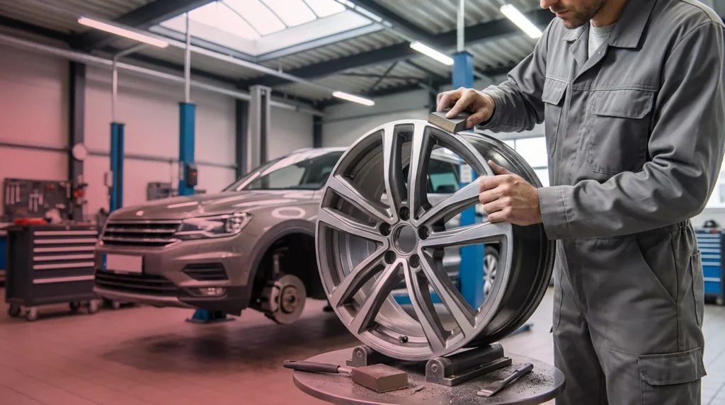 Mechaniker bearbeitet Felge in Werkstatt