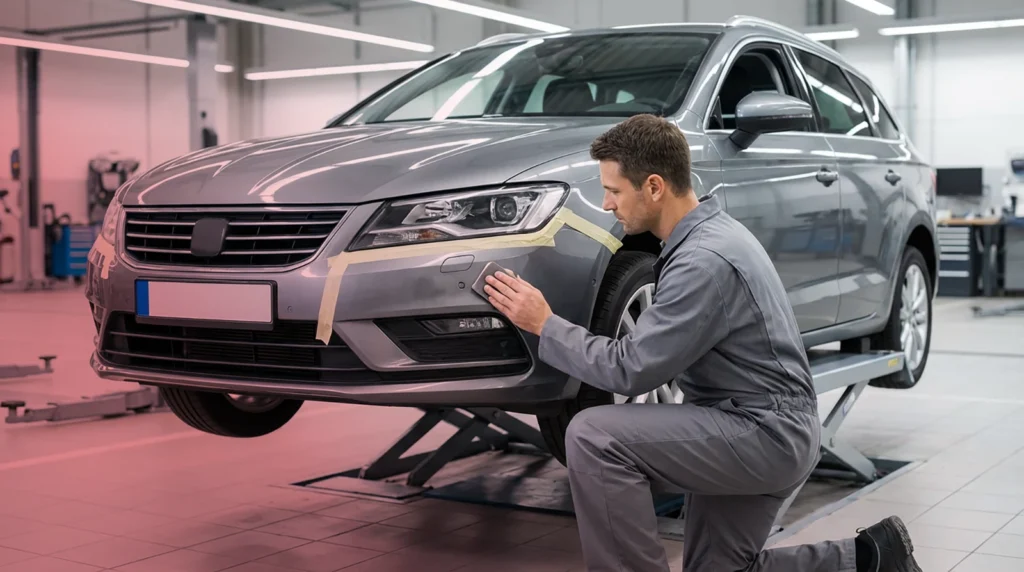 Mitarbeiter bereitet eine Stelle am Fahrzeug für Spot-Repair vor.