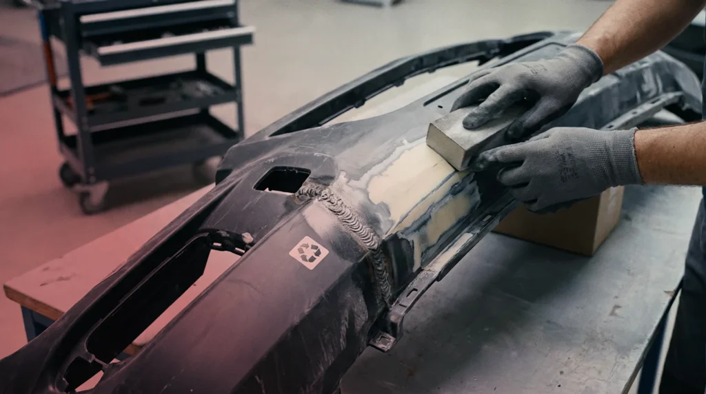 Auto-Stoßstange wird repariert und geschliffen.